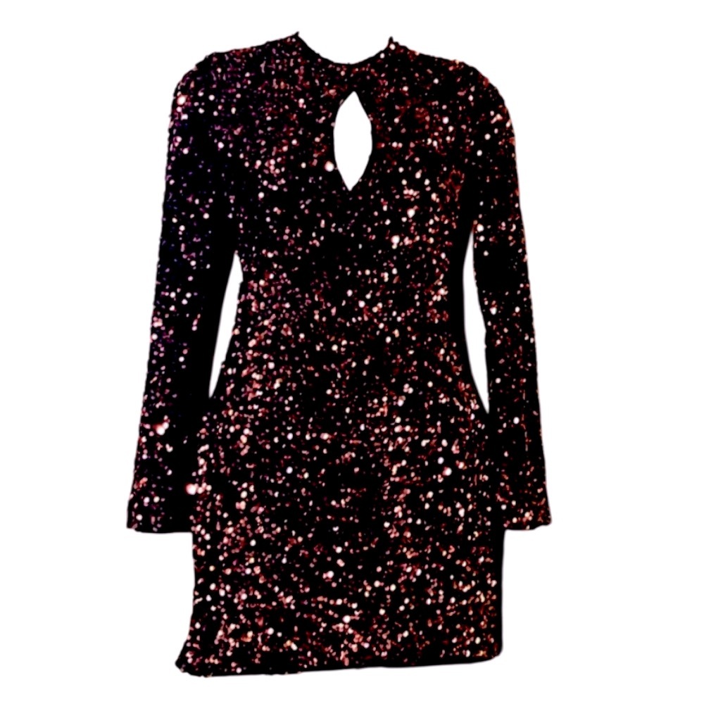 Gee Gee All That Glitters Purple Pink Sequins Long Sleeve Mini Cut Out Dress NEW